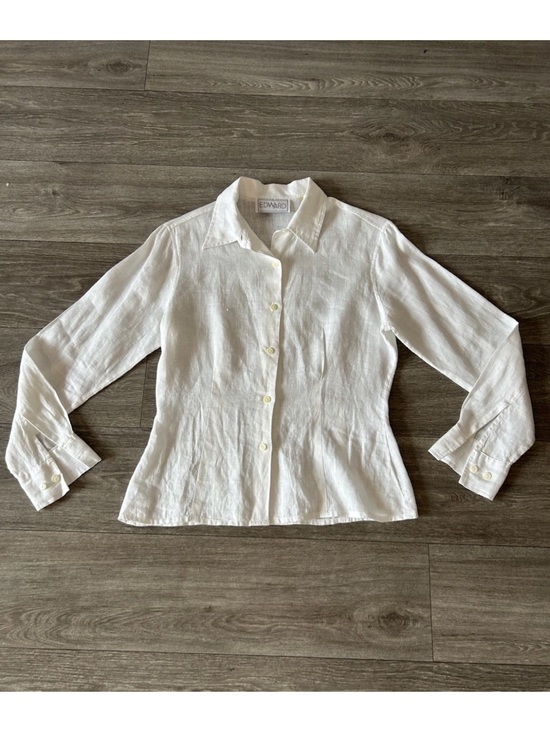 Edward Tops - Vintage Edward Irish Linen Shirt Womens S White Button Up Blouse Quiet Luxury